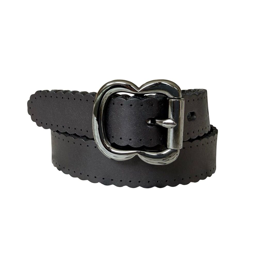 Fossil Women's Black Scalloped Laser Cut Leather Belt Sz Medium Gunmetal Buckle